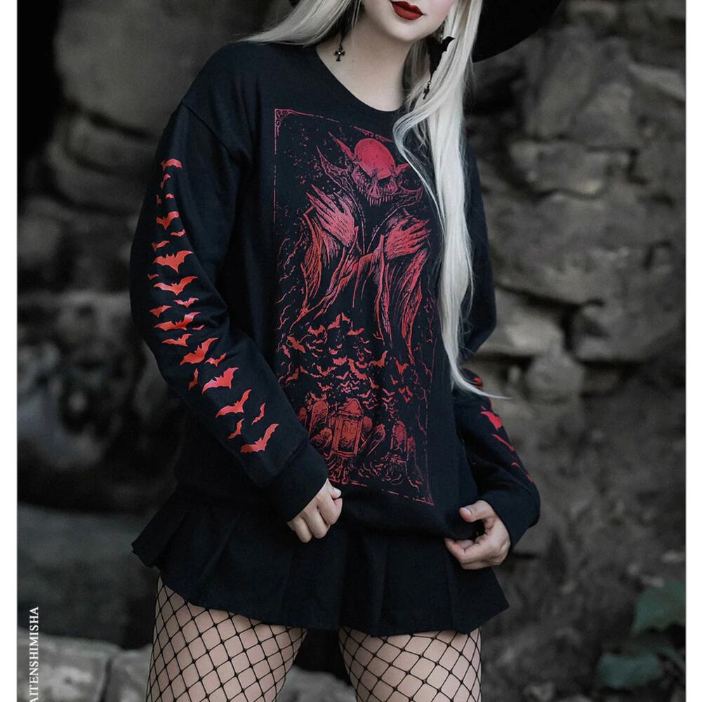 Vampire Freaks Nosferatu Sweatshirt Black Red Bat Sleeves Medium Goth Horror